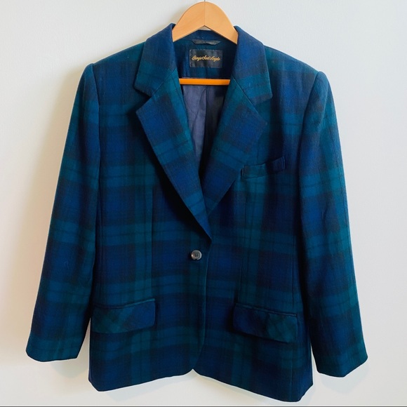 Vintage Forest Green, Navy Blue, with Black Plaid Check Single Breasted Blazer - Picture 3 of 10